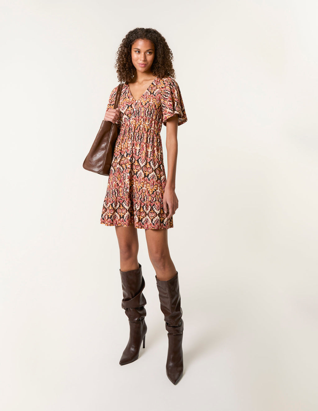 Button Through Elastic Waist And Neck Mini Dress