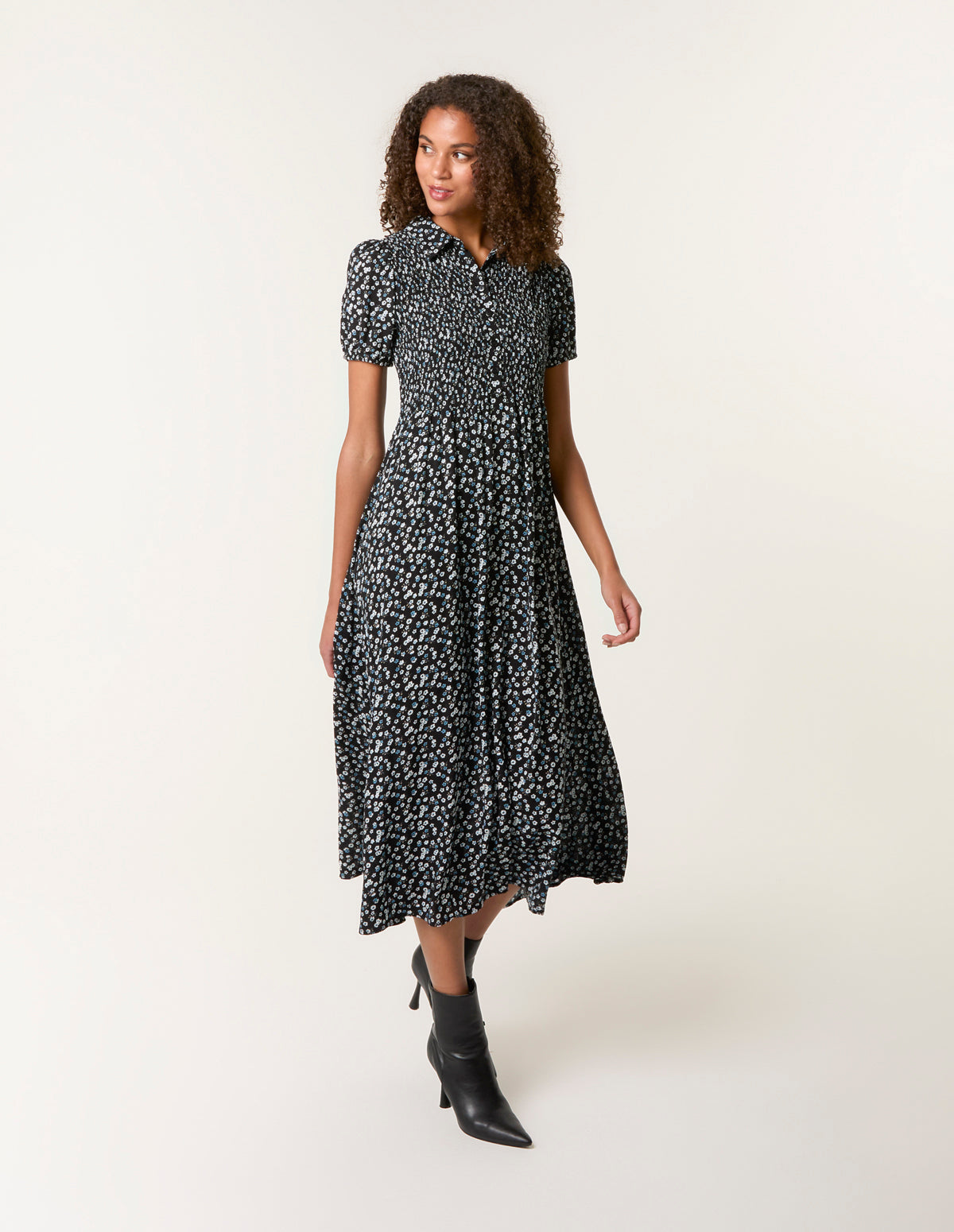 Ditsy Floral Puff Sleeve Shirred Dress