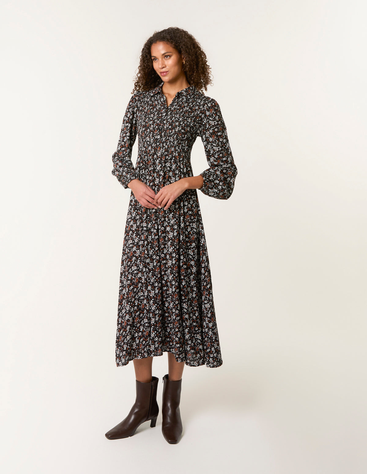 Ditsy Floral Long Sleeve Shirred Maxi Dress