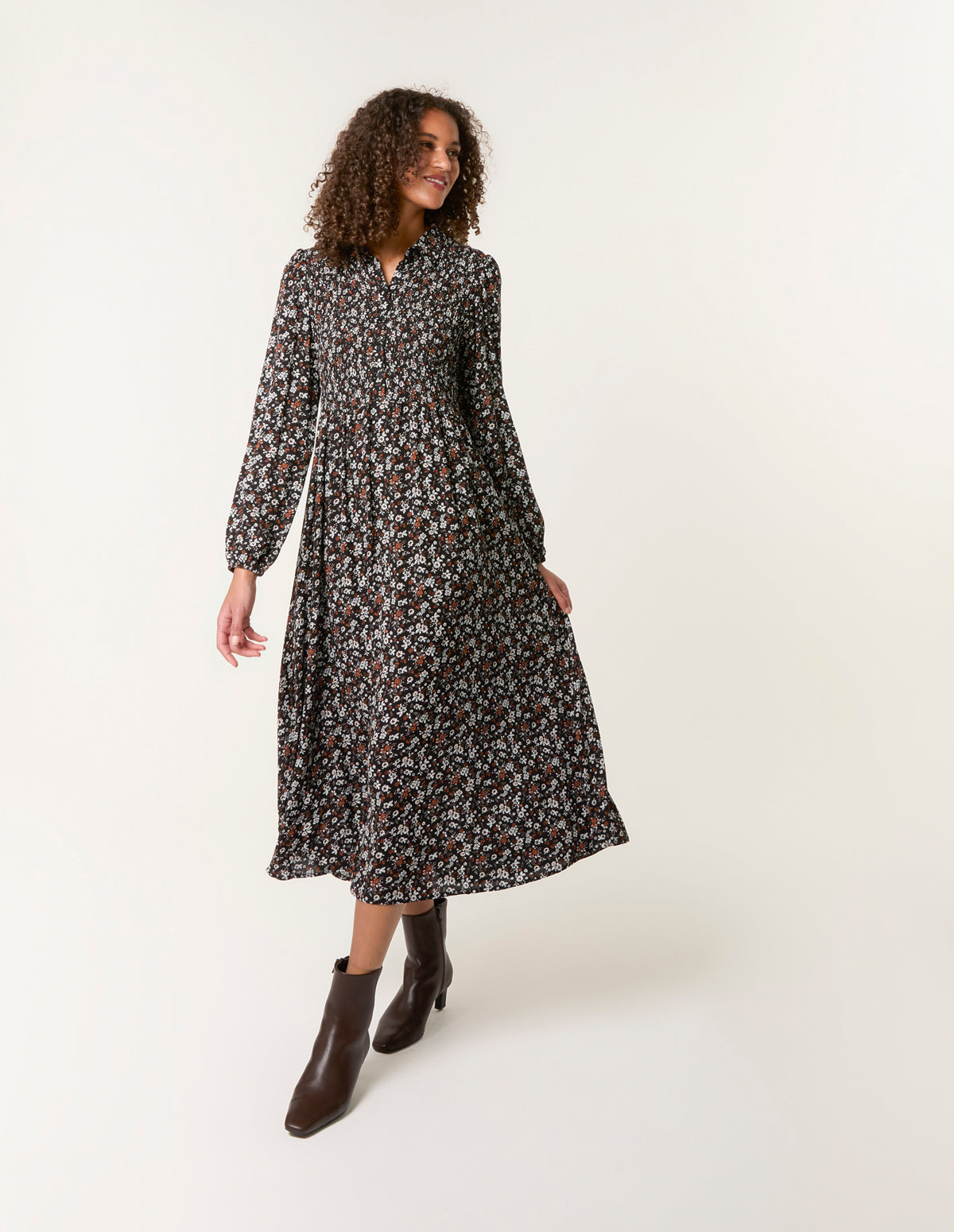 Ditsy Floral Long Sleeve Shirred Maxi Dress