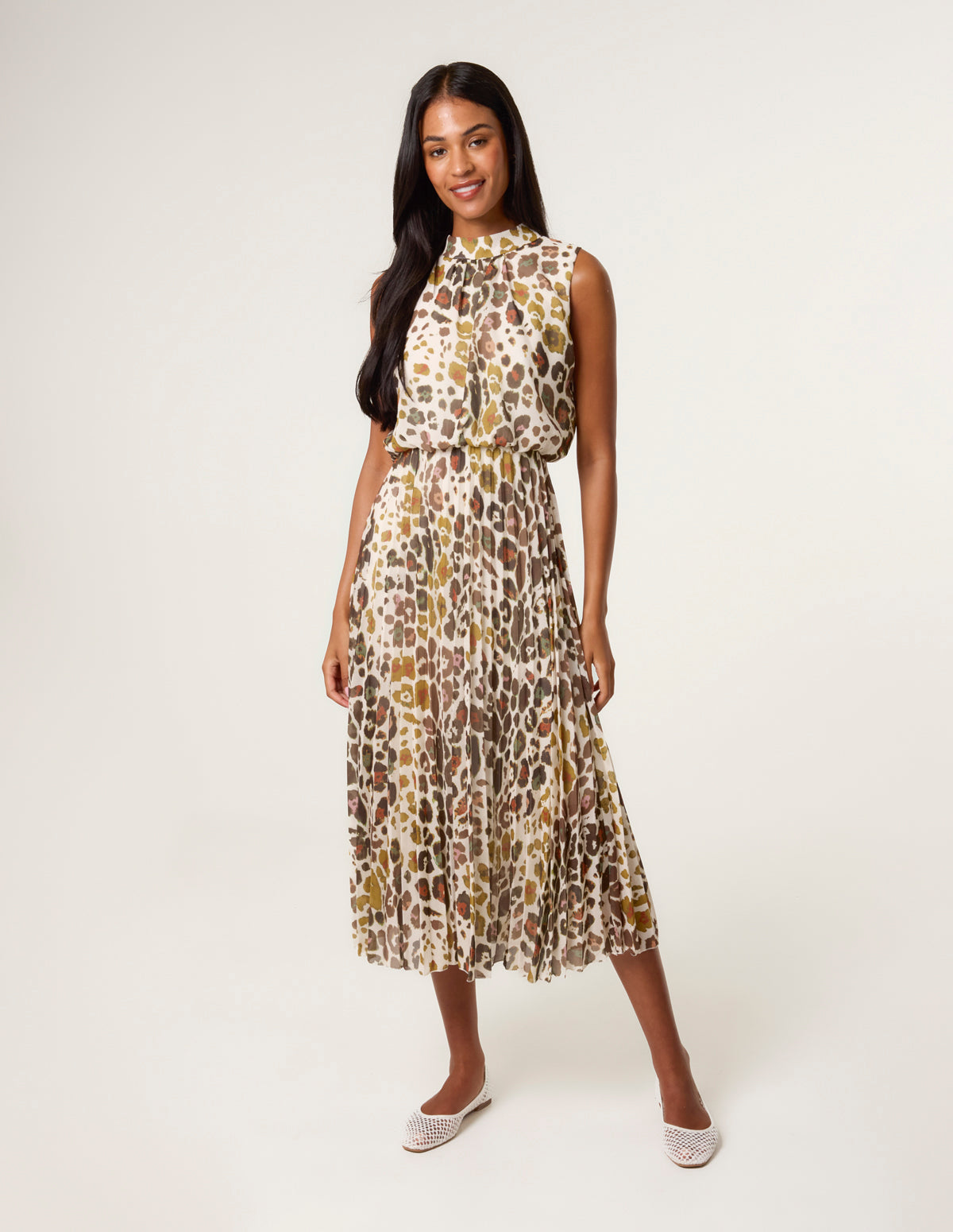 Abstract Leopard Print Sleeveless Pleated Midi Dress