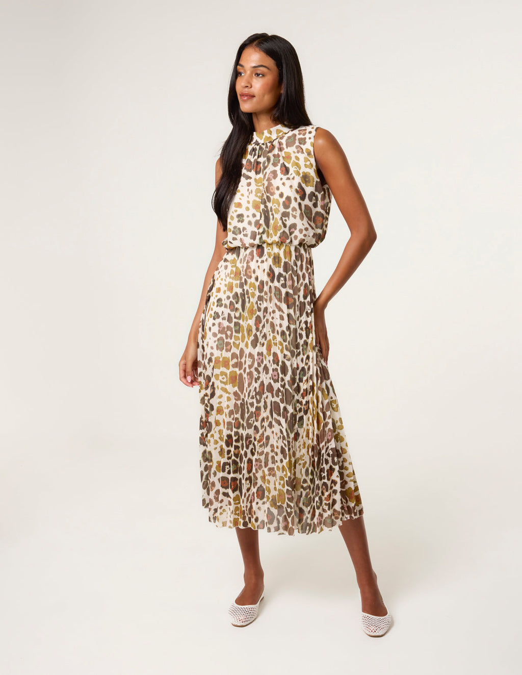 Abstract Leopard Print Sleeveless Pleated Midi Dress