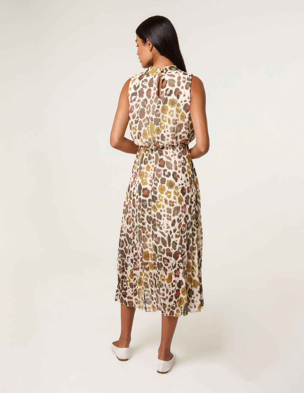Abstract Leopard Print Sleeveless Pleated Midi Dress
