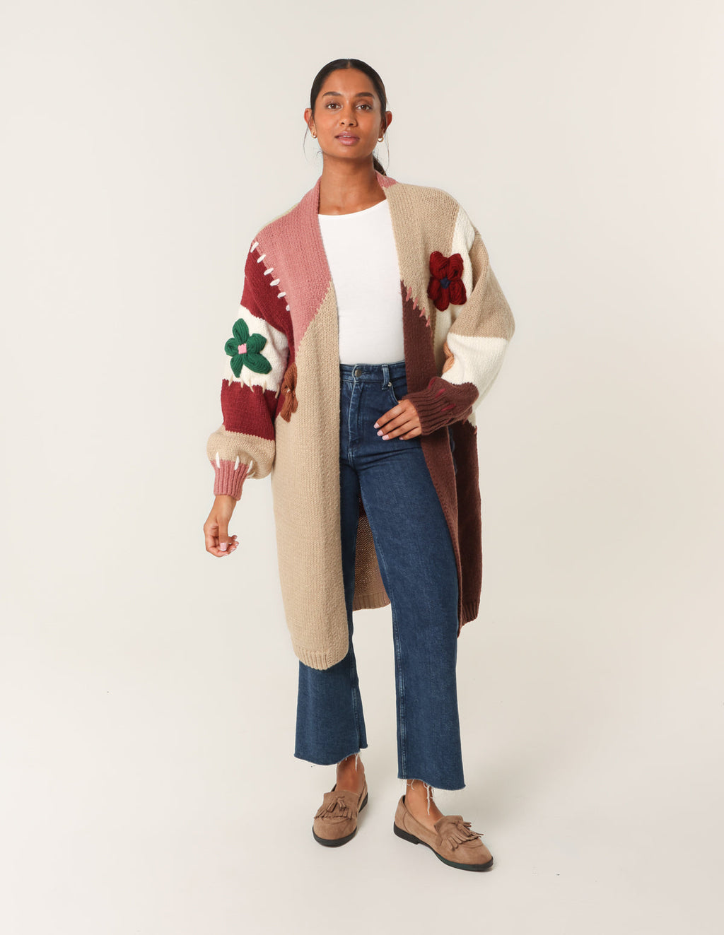 Colour Block 3D Flower Longline Cardigan