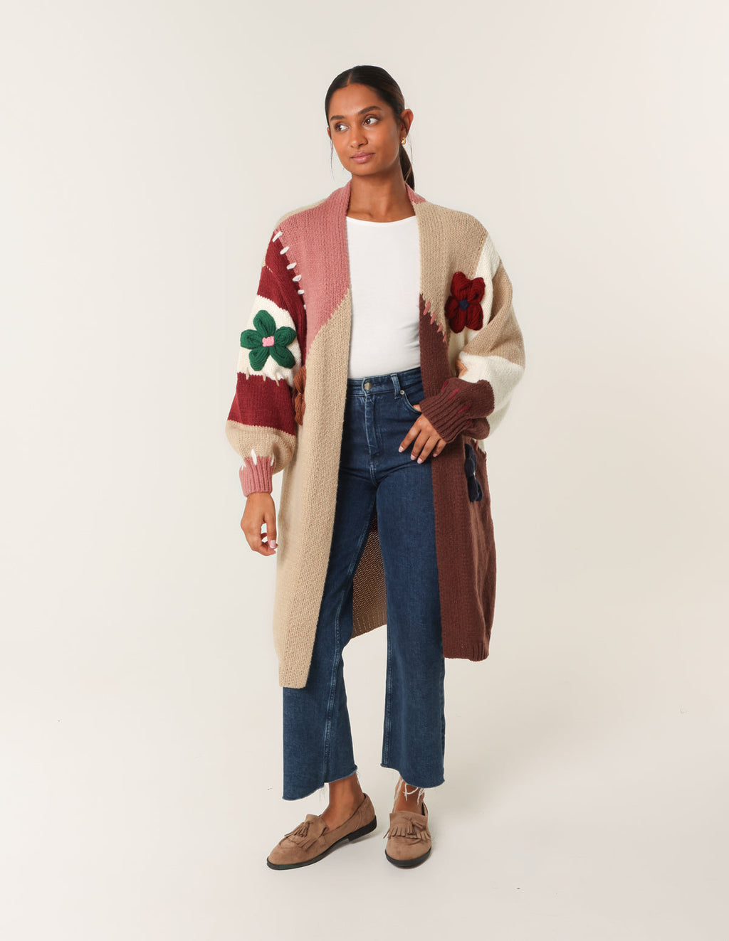 Colour Block 3D Flower Longline Cardigan